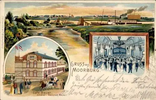 Litho Hamburg Harburg Moorburg, Gesamtansicht, Café Bauer, Tanzsaal