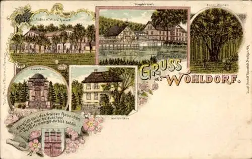 Litho Hamburg Wandsbek Wohldorf, Kupferhof, Hotel zum Waldhaus, Herrenhaus, Wappen