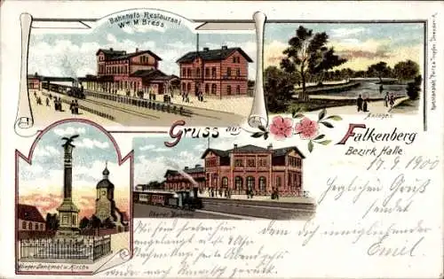 Litho Falkenberg an der Elster, Bahnhof, Bahnhofsrestaurant M. Bress, Kriegerdenkmal, Kirche