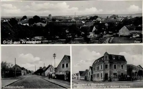 Ak Welsleben im Salzlandkreis, Gesamtansicht, Schönebeckerstraße, Restaurant zur Eisenbahn, Geschäft