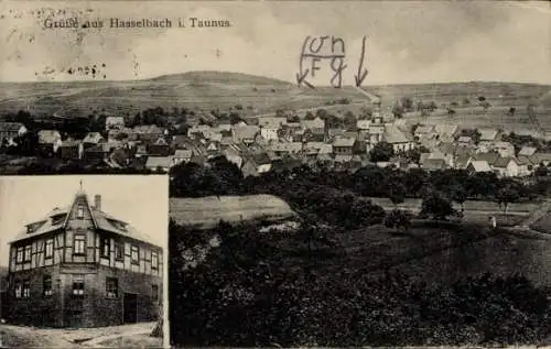 Ak Hasselbach Weilrod im Taunus, Panorama, Gasthaus und Pension zum Taunus