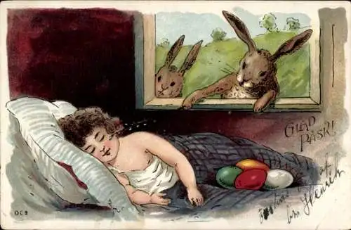 Litho Glückwunsch Ostern, Hasen versuchen, eine schlafende Frau zu wecken