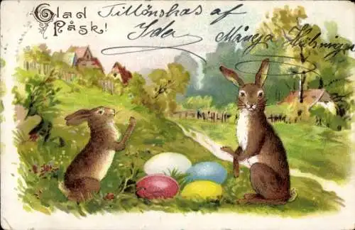 Litho Glückwunsch Ostern, Osterhasen, Ostereier