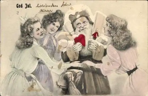 Litho Glückwunsch Weihnachten, Weihnachtsmann, Frauen, Geschenke