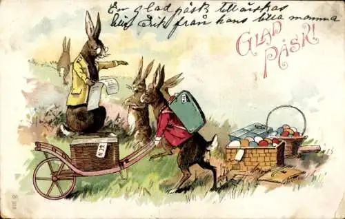 Litho Glückwunsch Ostern, Hasen verteilen Ostereier