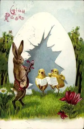 Präge Ak Fröhliche Ostern, Osterhase spielt Mandoline, Küken singen