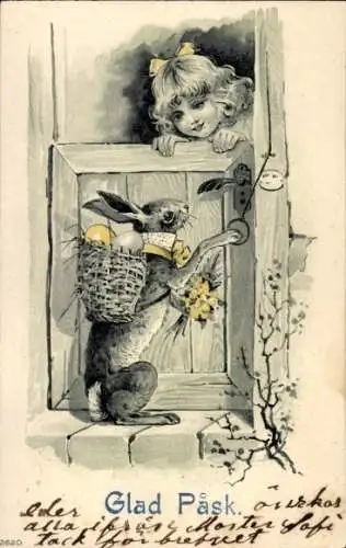 Litho Glückwunsch Ostern, Osterhase, Ostereier-Lieferung, Mädchen wartet an der Tür