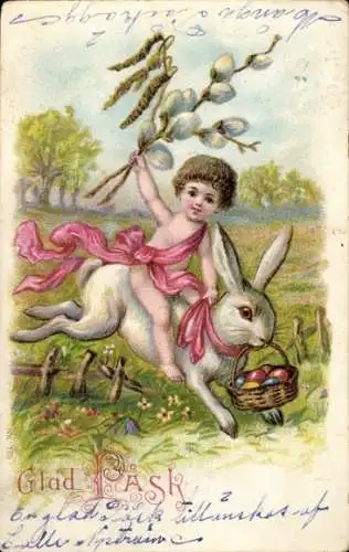 Litho Glückwunsch Ostern, Kind auf einem Osterhasen, Weidenkätzchen, Ostereier