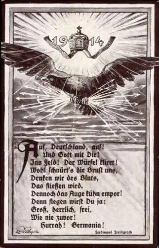 Künstler Ak Auf, Deutschland, auf! Und Gott mit Dir!, Ferdinand Freiligrath, 1914, Adler