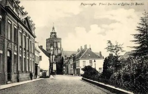 Ak Poperinghe Poperinge Westflandern, Straßenpartie zur Sankt Bertin Kirche