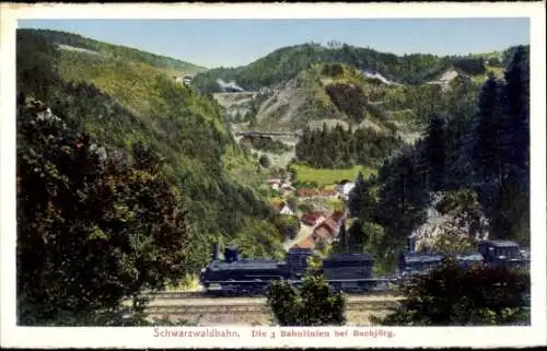 Ak Triberg im Schwarzwald, Gasthaus Bachjörg, Schwarzwaldbahn, 3 Bahnlinien, Eisenbahn