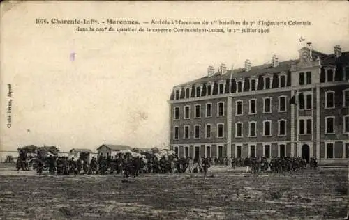 Ak Marennes Charente-Maritime, Arrivee a Marennes du 1 batallon du 7 d'Infanterie Coloniale