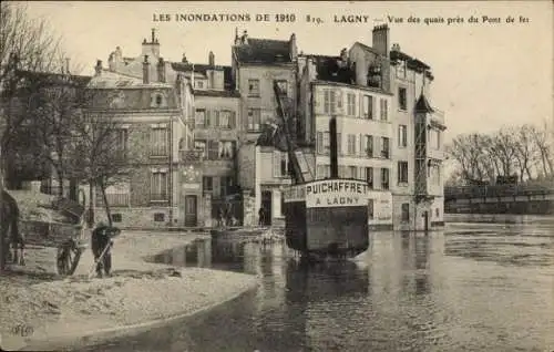 Ak Lagny Seine et Marne, Hochwasser 1910, Vue des quais pres du Pont de fer