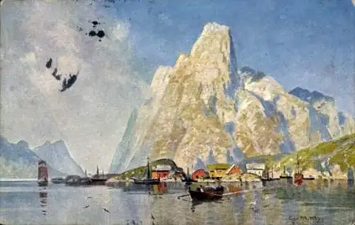 Künstler Ak Reine Lofoten Norwegen, Gesamtansicht, Boote