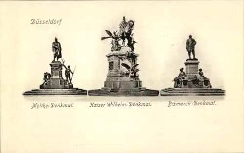 Ak Düsseldorf am Rhein, Moltke-Denkmal, Kaiser Wilhelm-Denkmal, Bismarck-Denkmal