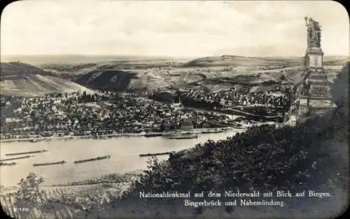 Ak Rüdesheim am Rhein, Niederwald Nationaldenkmal mit Blick auf Bingen, Bingerbrück und Nahemündung