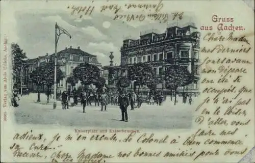 Ak Aachen, Kaiserplatz, Kaiserbrunnen, Mann in Uniform, Personen