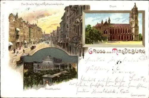 Litho Magdeburg an der Elbe, Breiter Weg, Katharinenkirche, Dom, Stadttheater