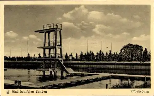 Ak Magdeburg an der Elbe, Stadion,  Freibad, Sprungturm, Aus deutschen Landen