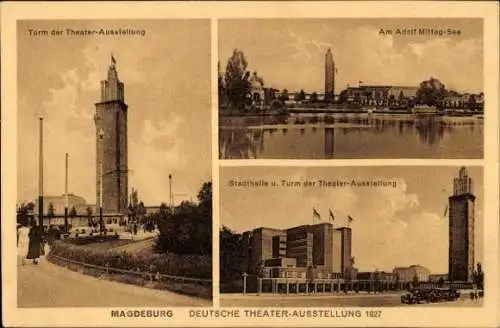 Ak Magdeburg, Deutsche Theater-Ausstellung 1927, Turm, Adolf Mittag-See, Stadthalle