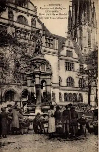 Ak Duisburg, Menschen am Marktplatz, Brunnen, Rathaus