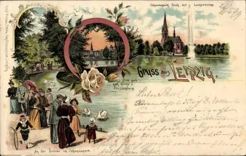 Litho Leipzig in Sachsen, Johannapark Teich mit Lutherkirche, Kath. Kirche, Pleissenburg