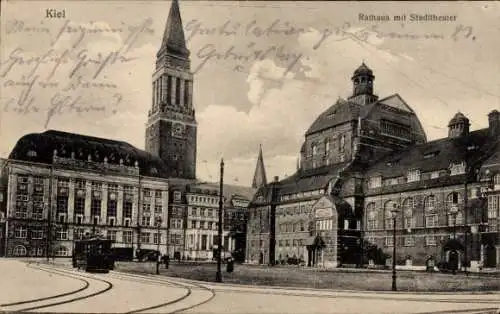 Ak Kiel, Rathaus, Stadttheater, Straßenbahn