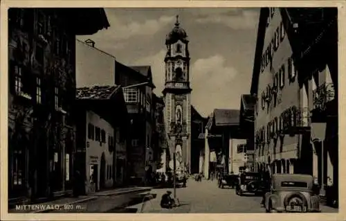 Ak Mittenwald in Oberbayern, Teilansicht, Kirchturm