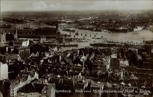 Ak Hamburg Mitte Neustadt, Teilansicht, Hafen, Blick vom Michaelisturm