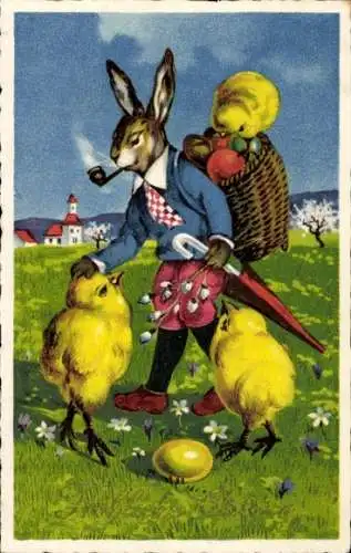 Ak Frohe Ostern, Osterhase mit Pfeife, Küken, Ostereier