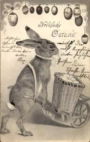 Präge Litho Frohe Ostern, Osterhase, Schubkarre, Ostereier