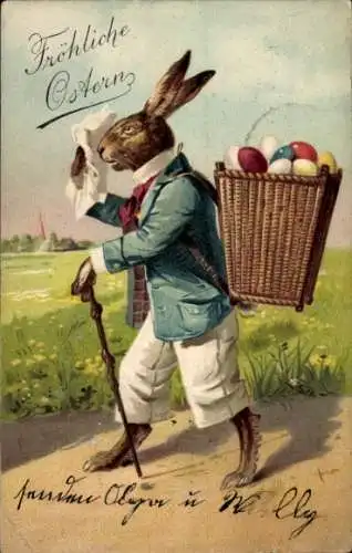 Ak Frohe Ostern, Osterhase trägt Kiepe mit Ostereiern