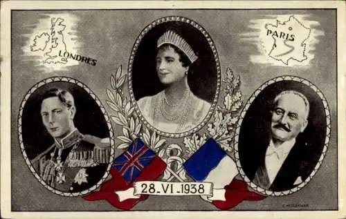 Ak König Georg VI., Königin Elizabeth Bowes Lyon, Präsident Albert Lebrun, 28.6.1938, London, Paris