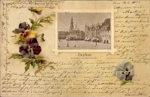 Passepartout Ak Zwickau in Sachsen, Marktplatz mit Marienkirche, Blumen