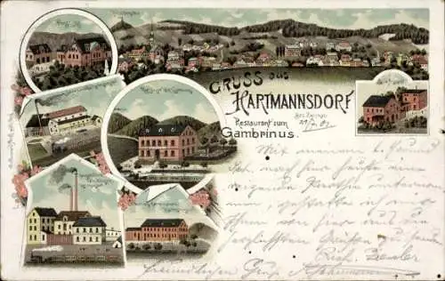 Litho Hartmannsdorf (bei Werdau) Zwickau in Sachsen, Restaurant zum Gambrinus, Fabriken