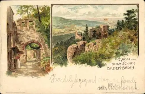 Künstler Litho Münch, E., Baden Baden, das alte Schloss