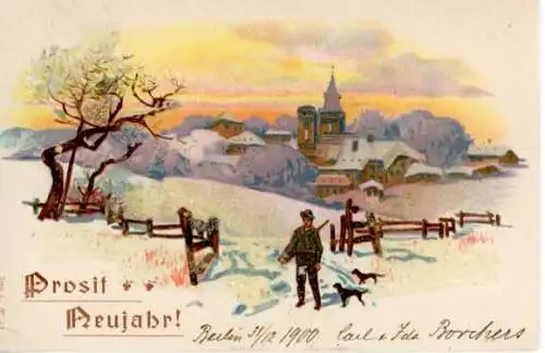 Glitzer Litho Glückwunsch Neujahr, Jäger, Winter, Schnee