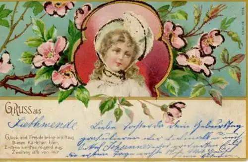 Glitzer Litho Mädchen-Porträt, Blumen, Glück und Freude bring in's Haus