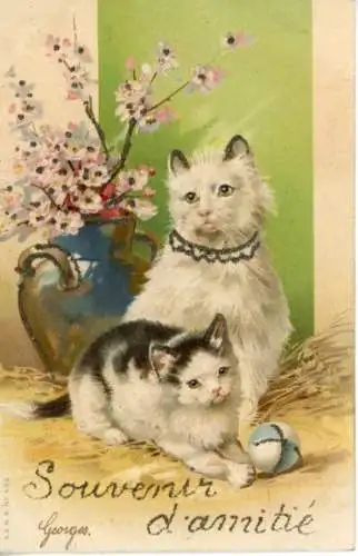 Glitzer Litho Zwei Katzen, Ball, Blumenvase, Blumen