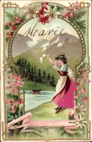 Präge Stoff Litho Junge Frau in Volkstracht, Abschied, Blumen, Edelweiß