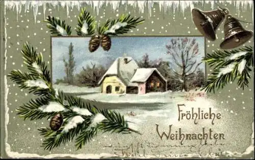 Präge Ak Glückwunsch Weihnachten, Glocken, Tannenzweige, Wohnhaus