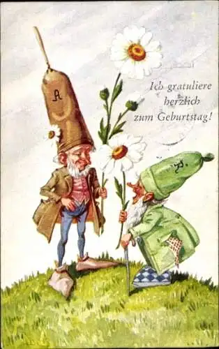 Ak Glückwunsch Geburtstag, Zwerge, Blumen