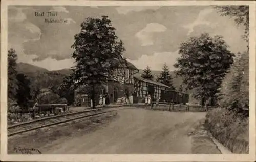 Künstler Ak Gebauer, Max, Thal Ruhla im Wartburgkreis Thüringen, Bahnstation, Bahnhof, Bahnstrecke