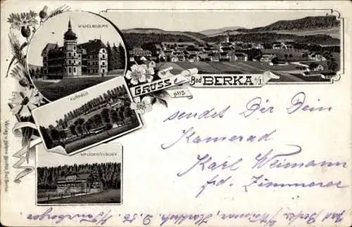 Litho Bad Berka in Thüringen, Wilhelmsburg, Kurhaus, Waldschlösschen, Gesamtansicht