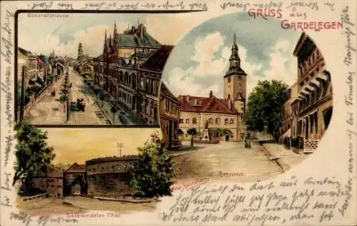 Künstler Litho Spindler, Erwin, Gardelegen in der Altmark, Bahnhofstraße, Salzwedeler Tor, Rathaus