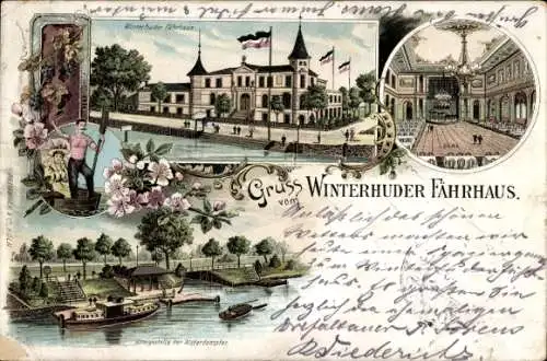 Litho Hamburg Nord Winterhude, Winterhuder Fährhaus, Saal, Anlegestelle der Alsterdampfer