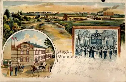 Litho Hamburg Harburg Moorburg, Gesamtansicht, Café Bauer, Tanzsaal