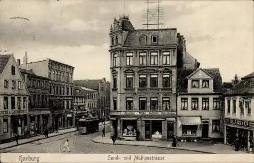 Ak Hamburg Harburg, Sandstraße, Mühlenstraße, Straßenbahn, Konditorei