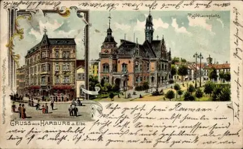 Litho Hamburg Harburg, Rathausplatz, Rathaus, Geschäftshaus