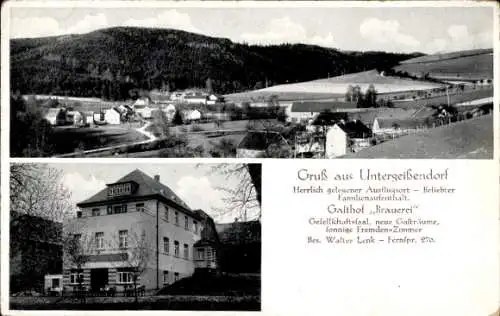 Ak Untergeißendorf Berga an der Elster Thüringen, Gesamtansicht, Gasthof Brauerei